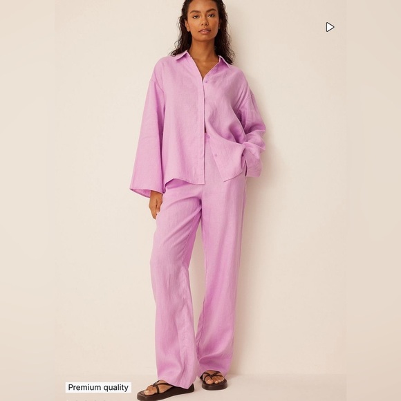 NA-KD Romee Strijd 100% Linen Straight Linen Trousers Lilac Pink Sz Small - Picture 15 of 16